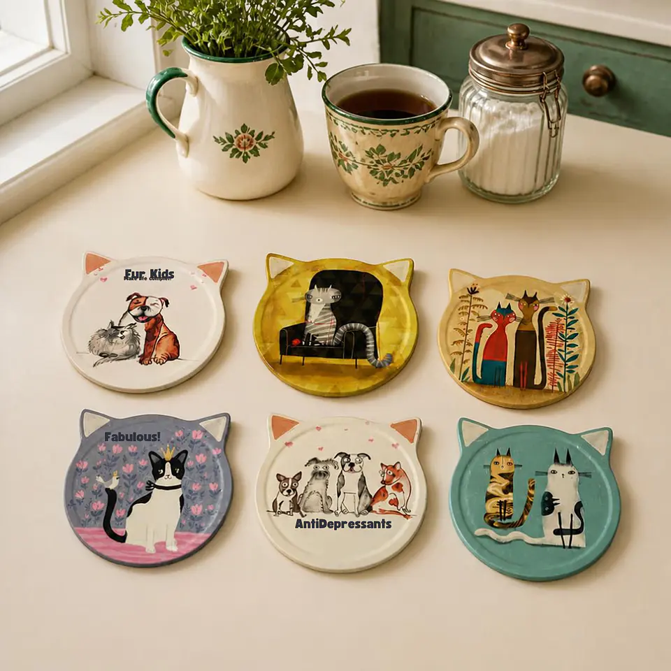 Posavasos Gato Vintage de Cerámica con Base de Corcho 1
