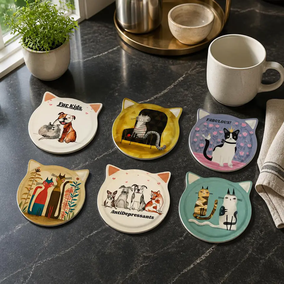 Posavasos Gato Vintage de Cerámica con Base de Corcho 2