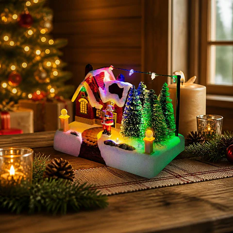 Villa Navideña Musical con Luces LED y Viejito Pascuero 17 cm