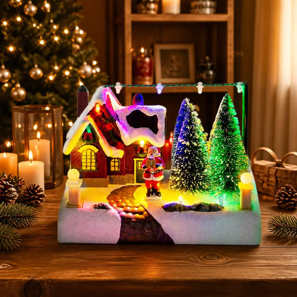 Villa Navideña Musical con Luces LED y Viejito Pascuero 17 cm 1