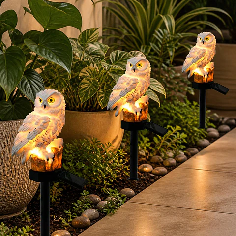 Búho Solar Decorativo para Jardín — Figura de Resina con Luz LED Cálida 