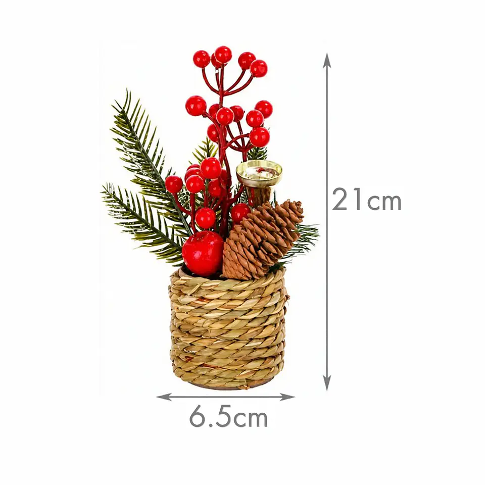 Arreglo Navideño de Mesa 21 cm en Macetero Tejido con Bayas y Piña 4