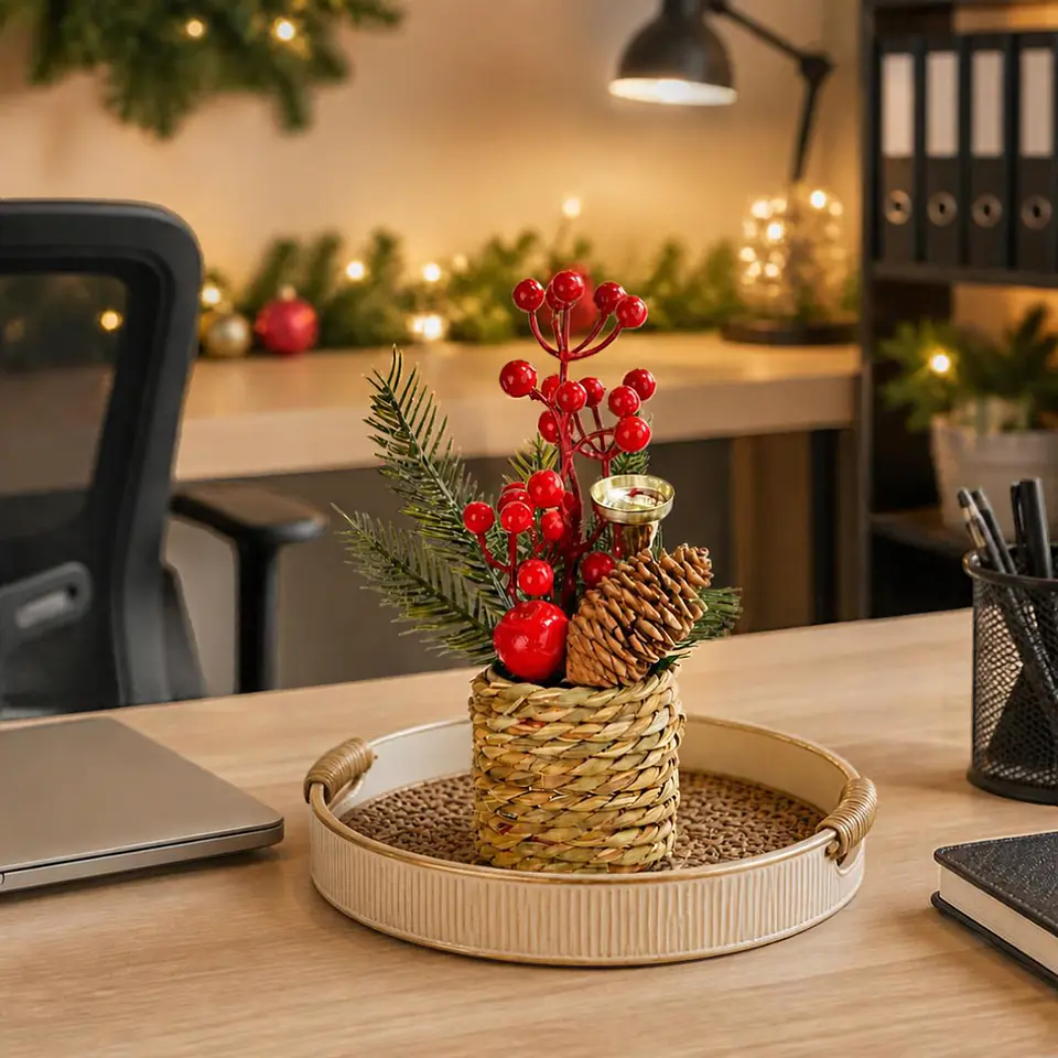 Arreglo Navideño de Mesa 21 cm en Macetero Tejido con Bayas y Piña 2