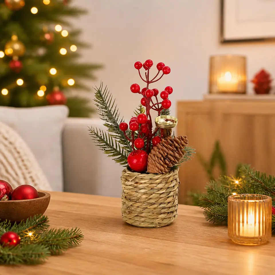 Arreglo Navideño de Mesa 21 cm en Macetero Tejido con Bayas y Piña 3