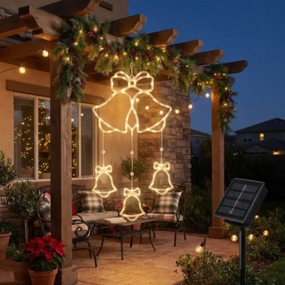 Colgante Solar Navideño LED Luz Cálida 95 cm – Pino, Estrella, Copo de Nieve o Campana 1