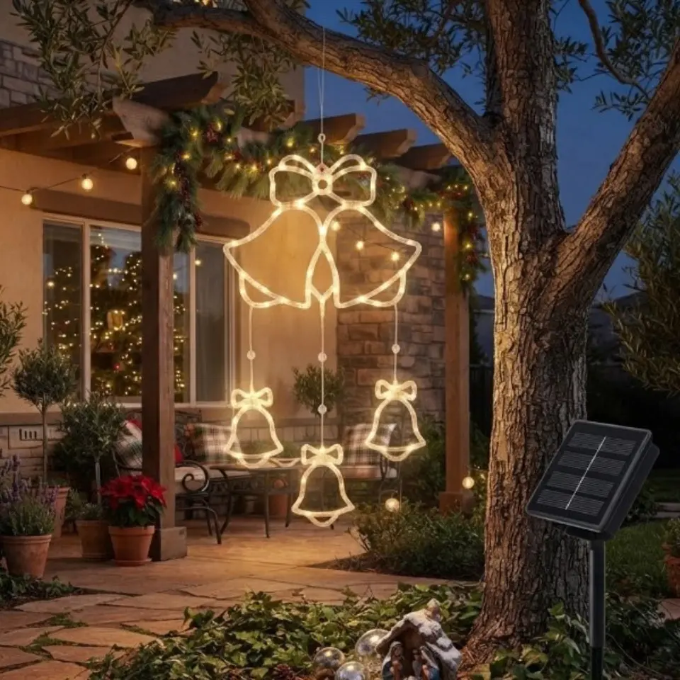 Colgante Solar Navideño LED Luz Cálida 95 cm – Pino, Estrella, Copo de Nieve o Campana 7