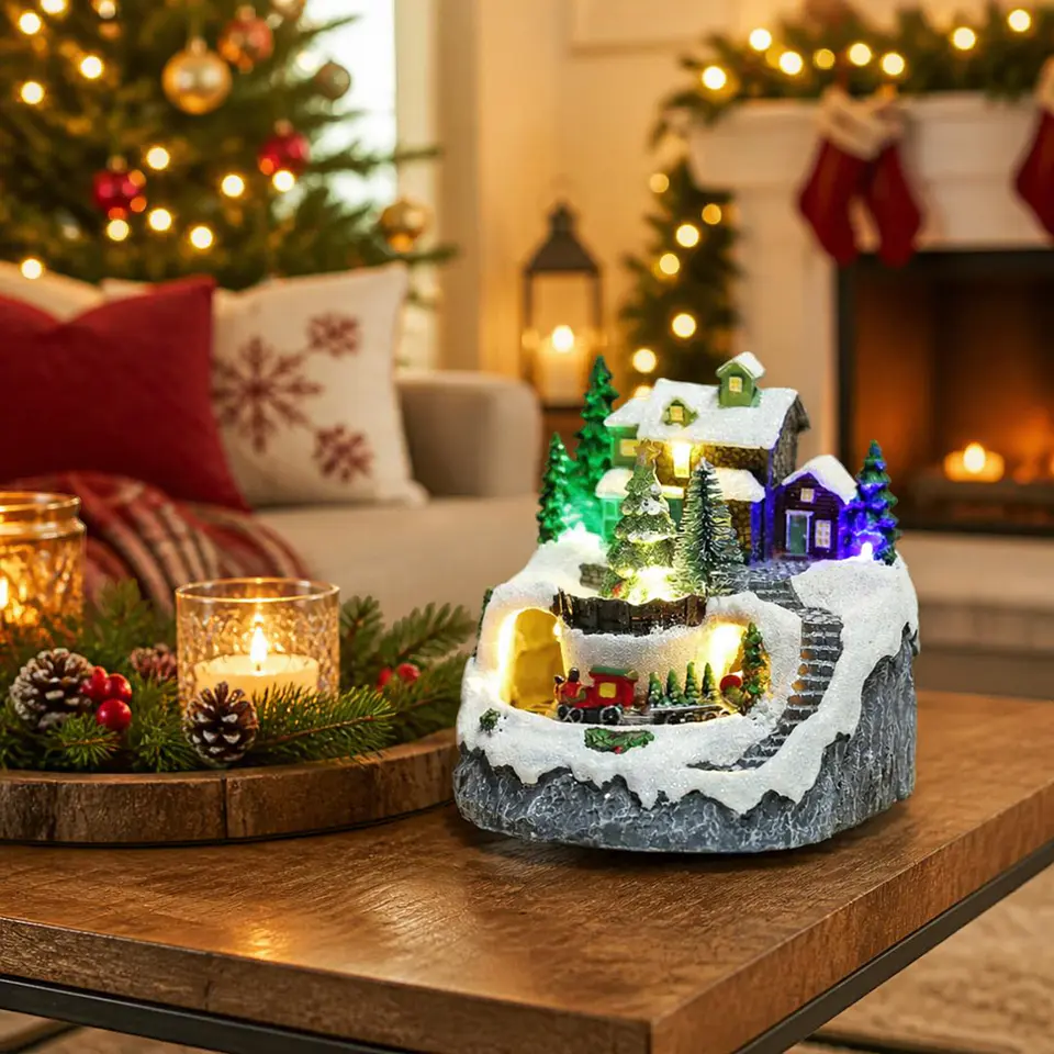 Villa Navideña con Luz, Sonido y Movimiento 14 x 12 cm – Tren LED Musical 3