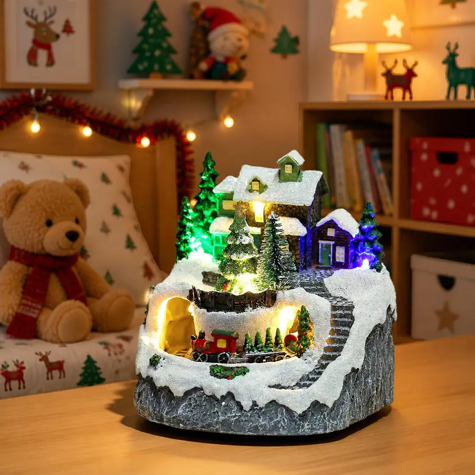 Villa Navideña con Luz, Sonido y Movimiento 14 x 12 cm – Tren LED Musical 2