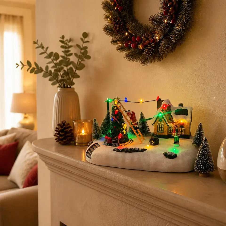 Villa Navideña Musical Viejo Pascuero en Escalera con Movimiento y Luz LED 26 cm 1