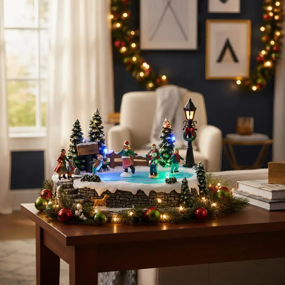Villa Navideña Pista de Patinaje Musical LED con Movimiento 25 cm 1