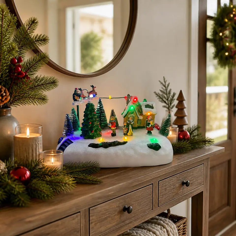 Villa Navideña Musical Trineo del Viejo Pascuero con Movimiento y Luz LED 26 cm 2