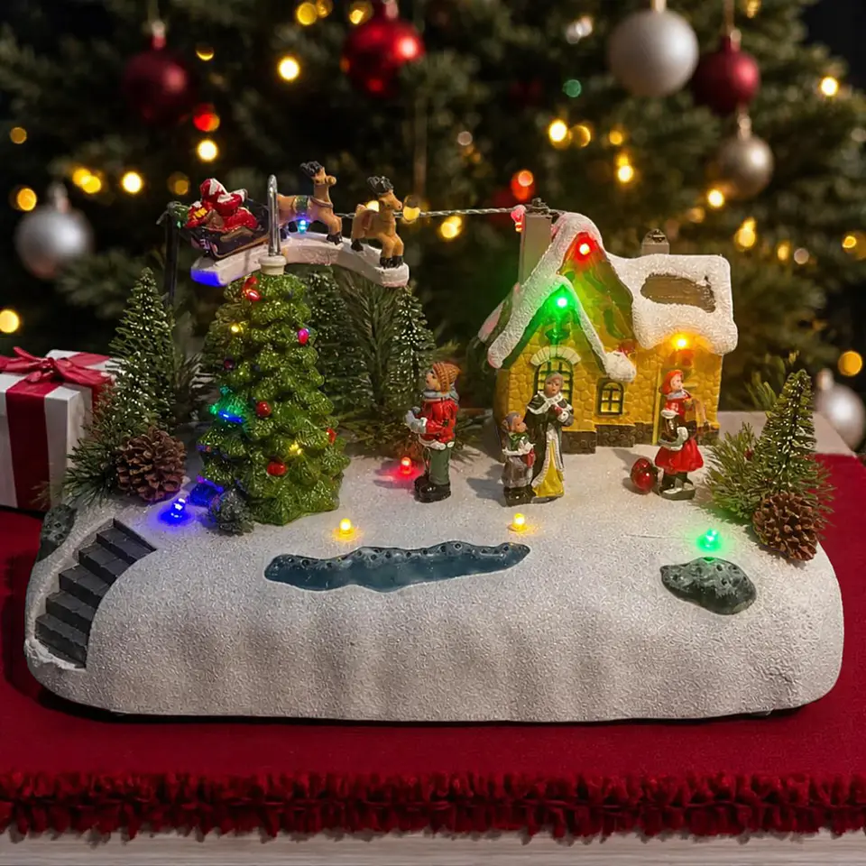 Villa Navideña Musical Trineo del Viejo Pascuero con Movimiento y Luz LED 26 cm 3