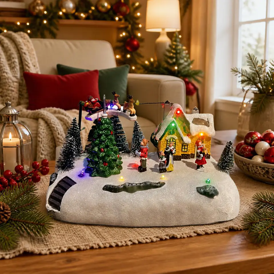 Villa Navideña Musical Trineo del Viejo Pascuero con Movimiento y Luz LED 26 cm 1