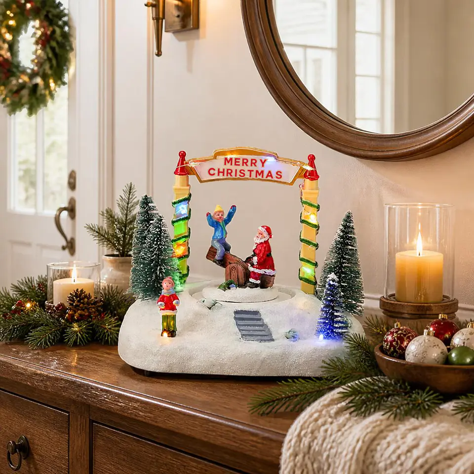Villa Navideña Musical Balancín Viejo Pascuero LED con Movimiento 18 cm 1