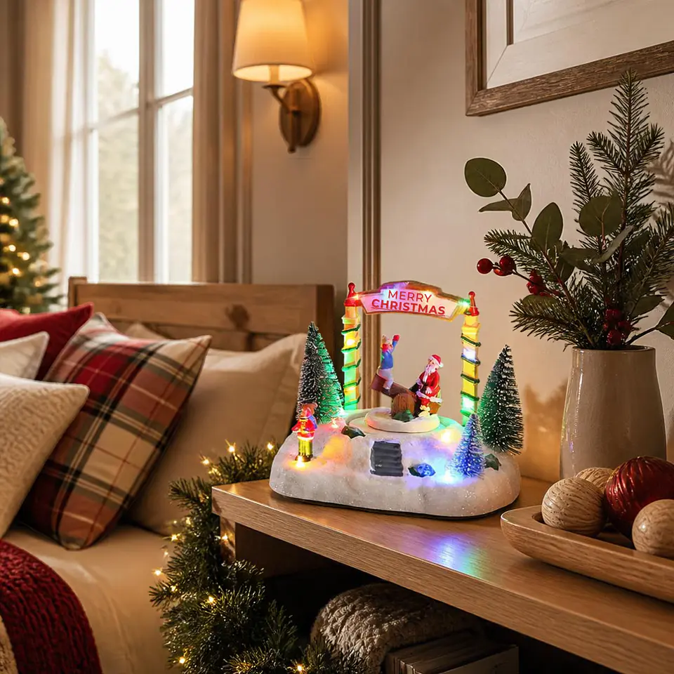 Villa Navideña Musical Balancín Viejo Pascuero LED con Movimiento 18 cm 2
