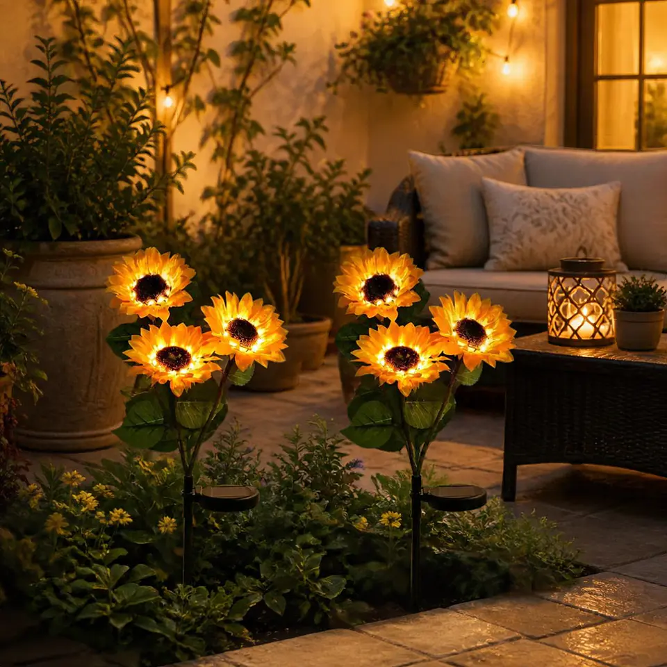Pack Girasol Solar LED para Jardín – 2 Estacas con 6 Flores Decorativas 1