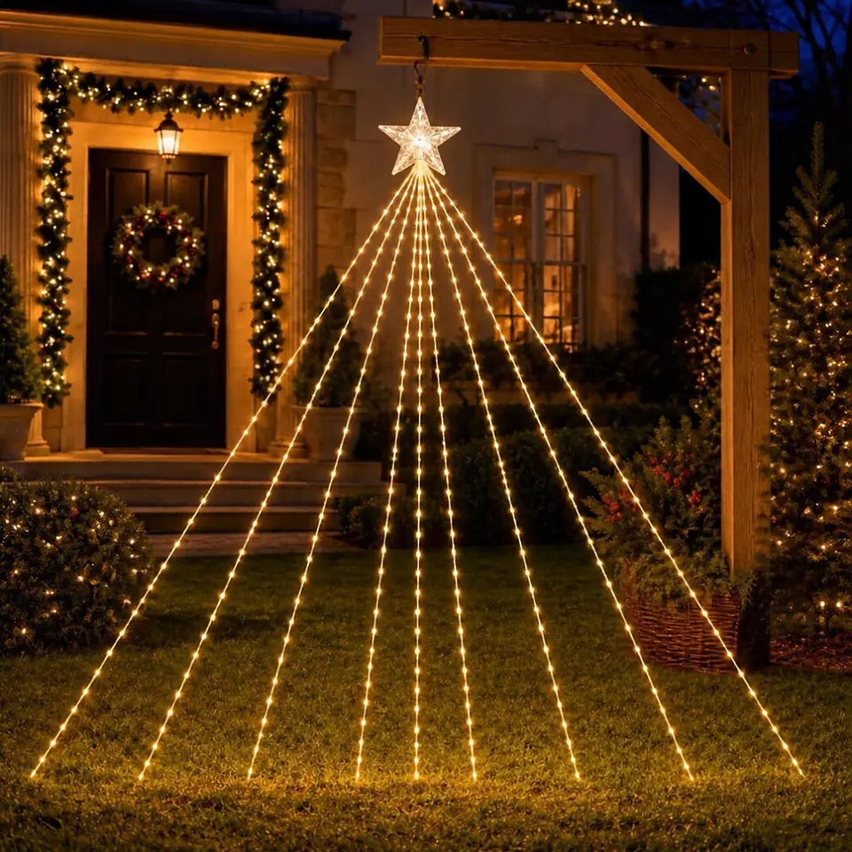 Árbol de Luces Solar con Estrella y Cascada LED 2,5 Metros – Luz Cálida 2