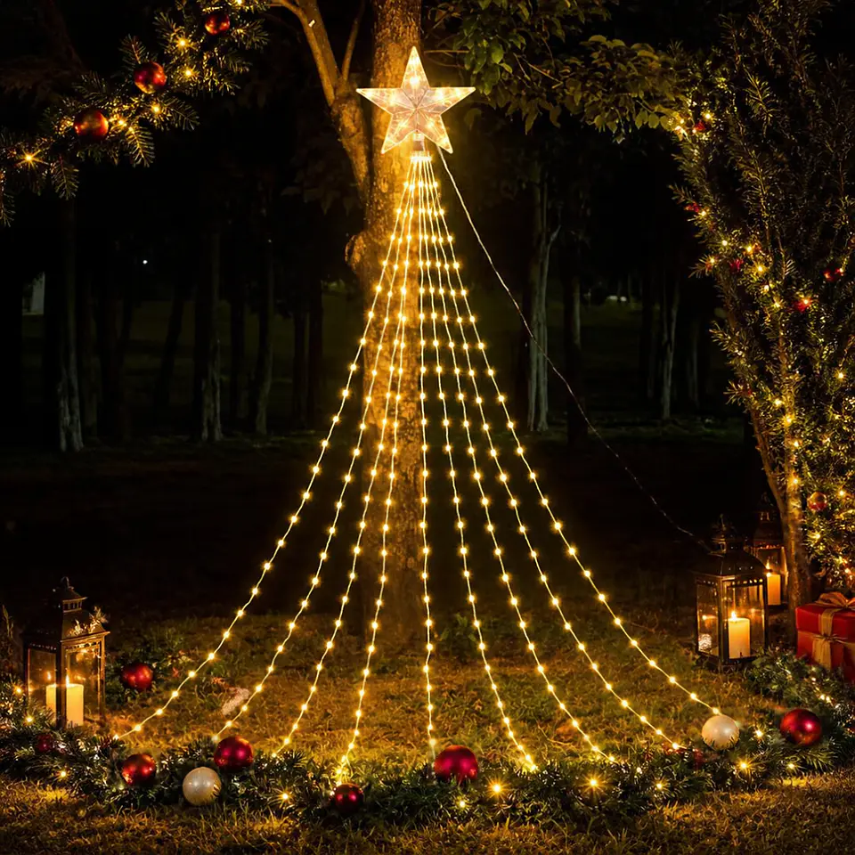 Árbol de Luces Solar con Estrella y Cascada LED 2,5 Metros – Luz Cálida 1