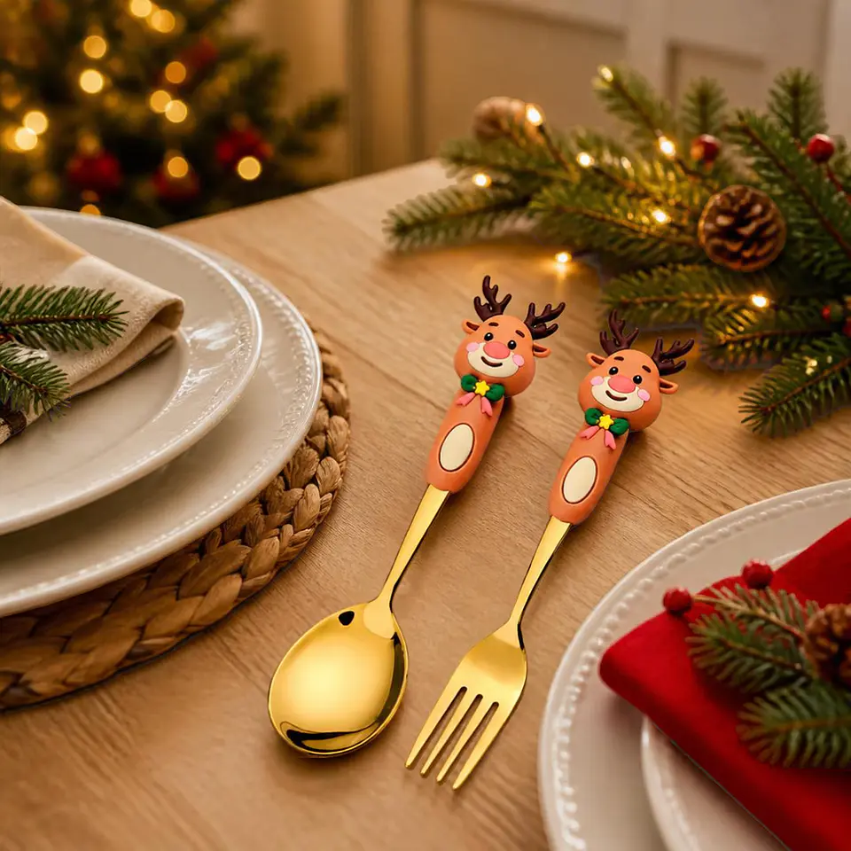 Set Navideño Cuchara y Tenedor Dorados con Caja de Regalo – Acero Inoxidable 4