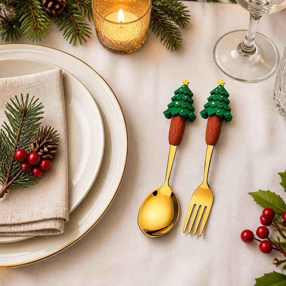 Set Navideño Cuchara y Tenedor Dorados con Caja de Regalo – Acero Inoxidable 6
