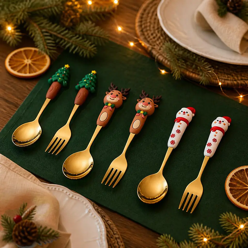 Set Navideño Cuchara y Tenedor Dorados con Caja de Regalo – Acero Inoxidable 1