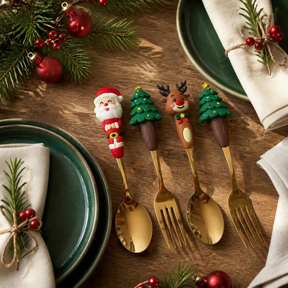 Set Navideño 2 Cucharas y 2 Tenedores Dorados con Caja de Regalo 1