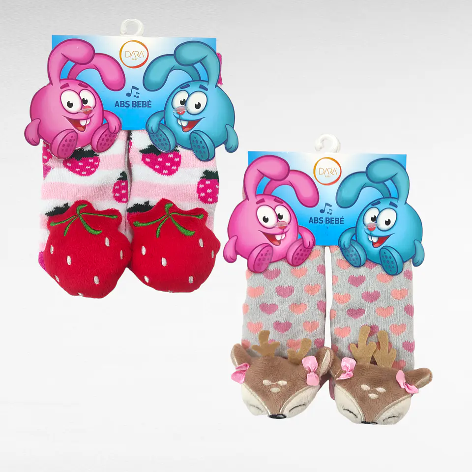 Meia antiderrapante para bebé com guizo - pack de 2 - Morango/Veado 1