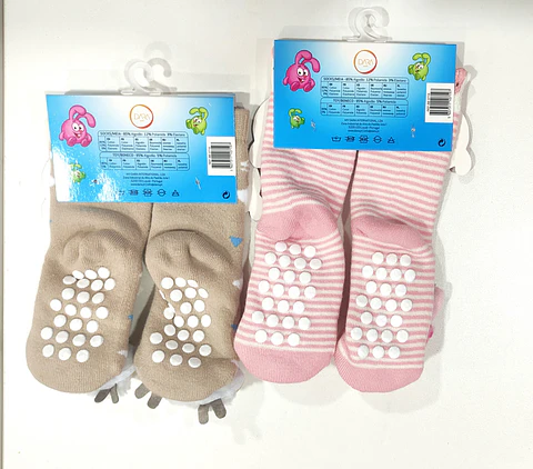 Meia antiderrapante para bebé com guizo - pack de 2 - coelho/ovelha
