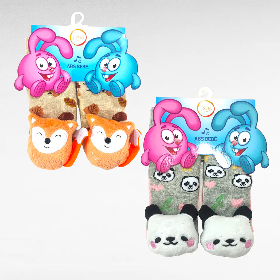 Meia antiderrapante para bebé com guizo - pack de 2 -  Raposa/panda 1