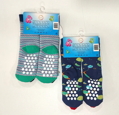 Meia antiderrapante para bebé com guizo - pack de 2 - Baleia/foguetão