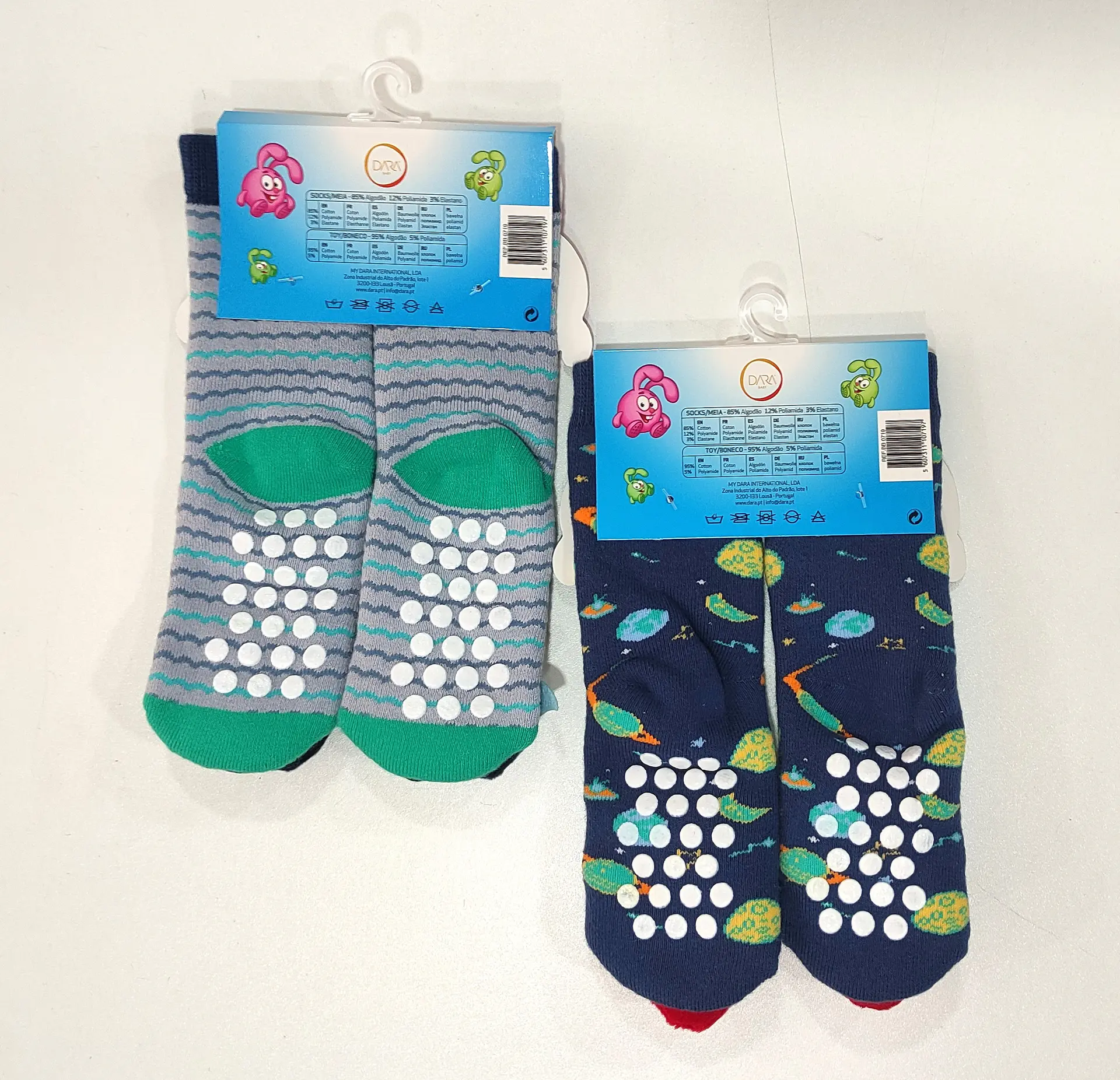 Meia antiderrapante para bebé com guizo - pack de 2 - Baleia/foguetão 2