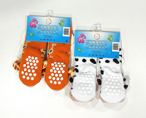Meia antiderrapante para bebé com guizo - pack de 2 - Girafa/ Vaca 