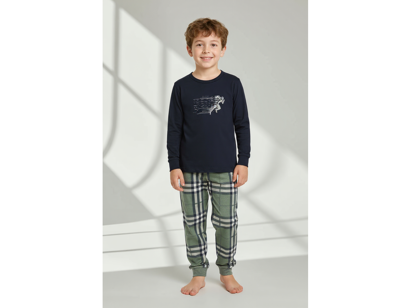 Pijama de criança em algodão (com carda) com calça ao xadrez 1