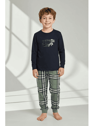 Pijama de criança em algodão (com carda) com calça ao xadrez