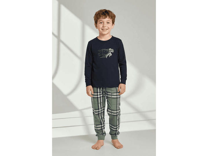 Pijama de criança em algodão (com carda) com calça ao xadrez 1