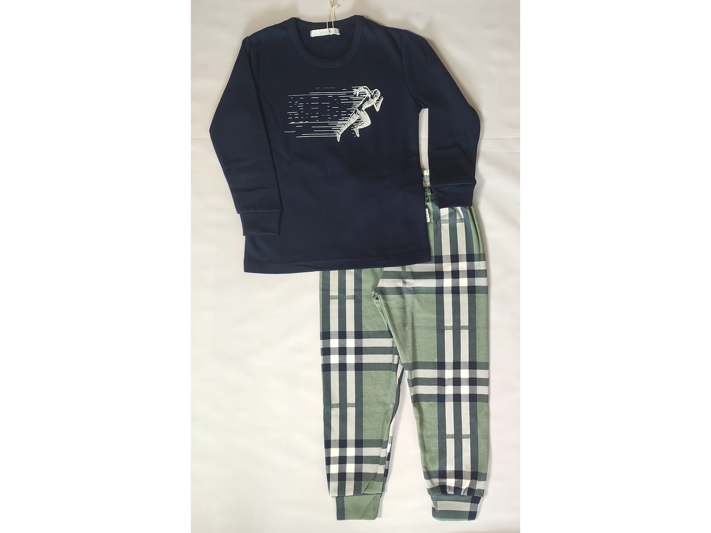 Pijama de criança em algodão (com carda) com calça ao xadrez 3