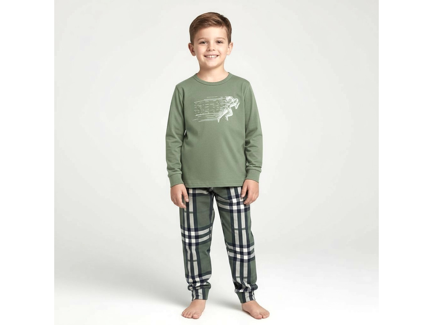 Pijama de criança em algodão (com carda) com calça ao xadrez 1