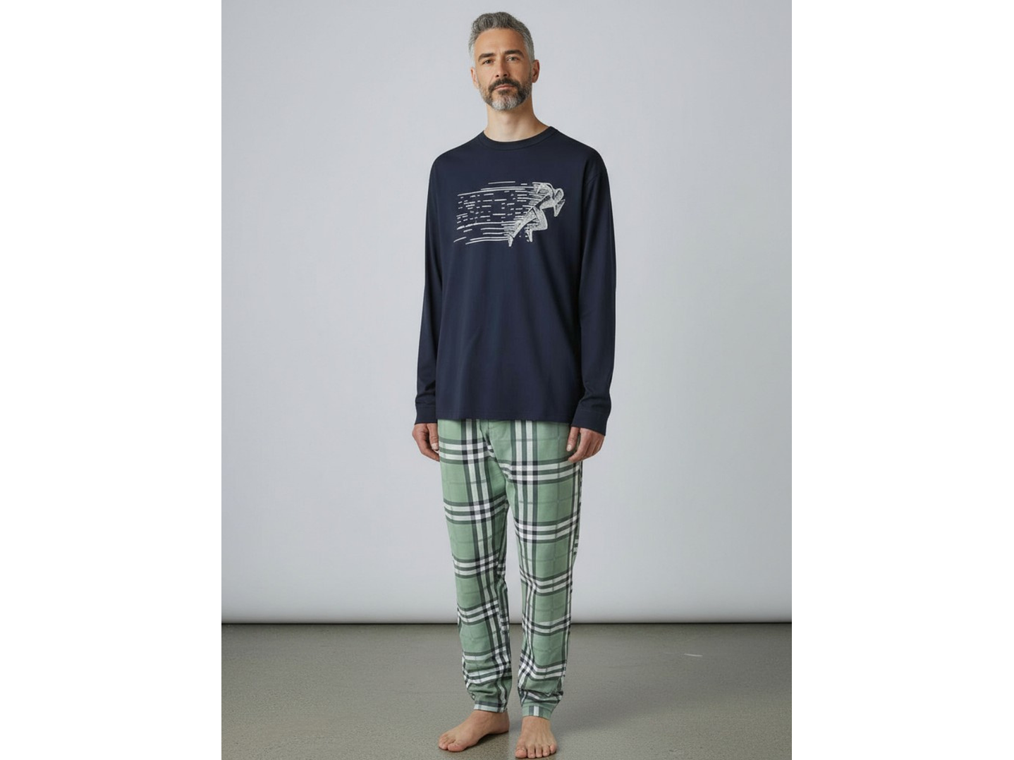 Pijama de homem em algodão com calça ao xadrez - marinho 2