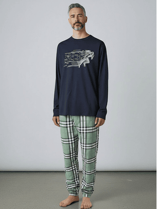 Pijama de homem em algodão com calça ao xadrez - marinho