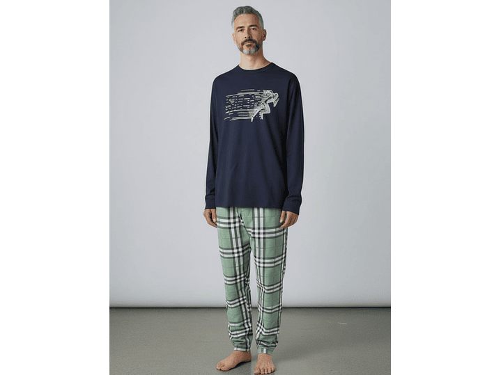 Pijama de homem em algodão com calça ao xadrez - marinho 2