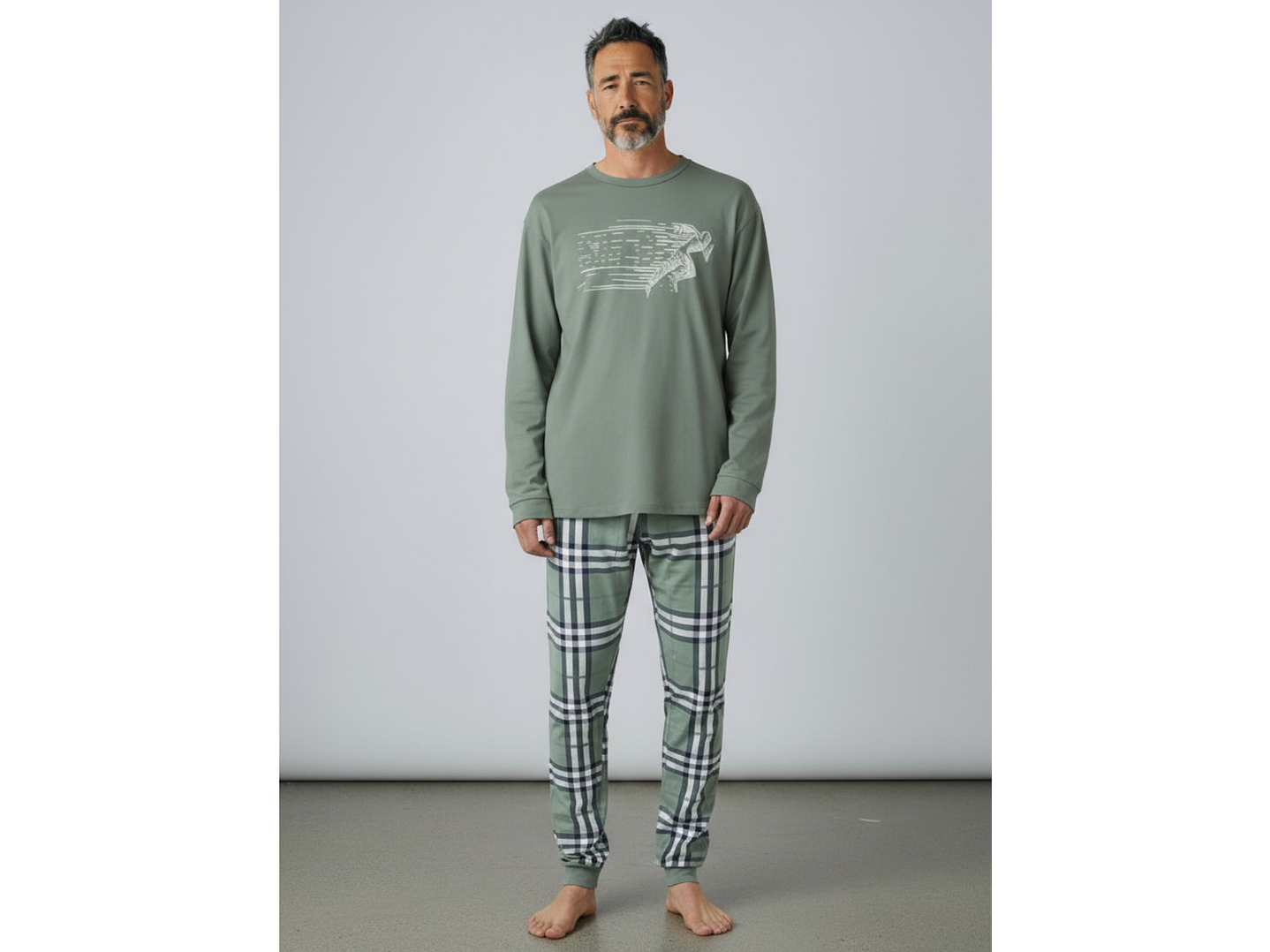 Pijama de homem em algodão com calça ao xadrez - verde 1