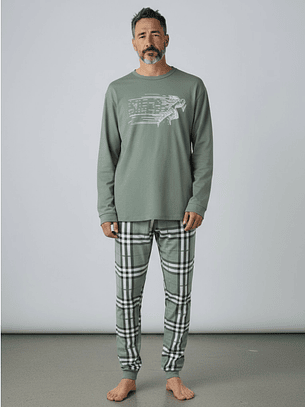 Pijama de homem em algodão com calça ao xadrez - verde