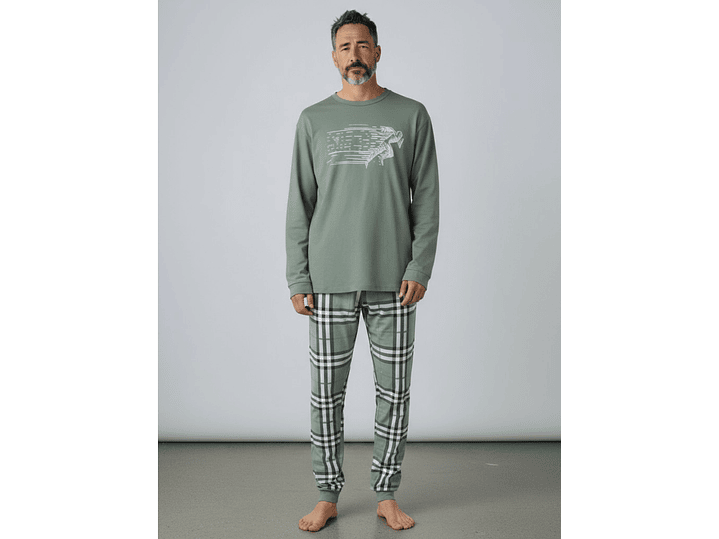Pijama de homem em algodão com calça ao xadrez - verde 1