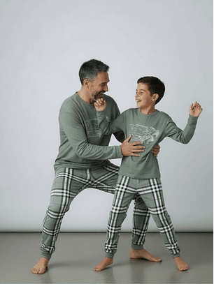 Pijama de homem em algodão com calça ao xadrez - verde