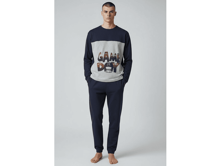 Pijama de homem “Game Day” azul – 100% algodão cardado 1