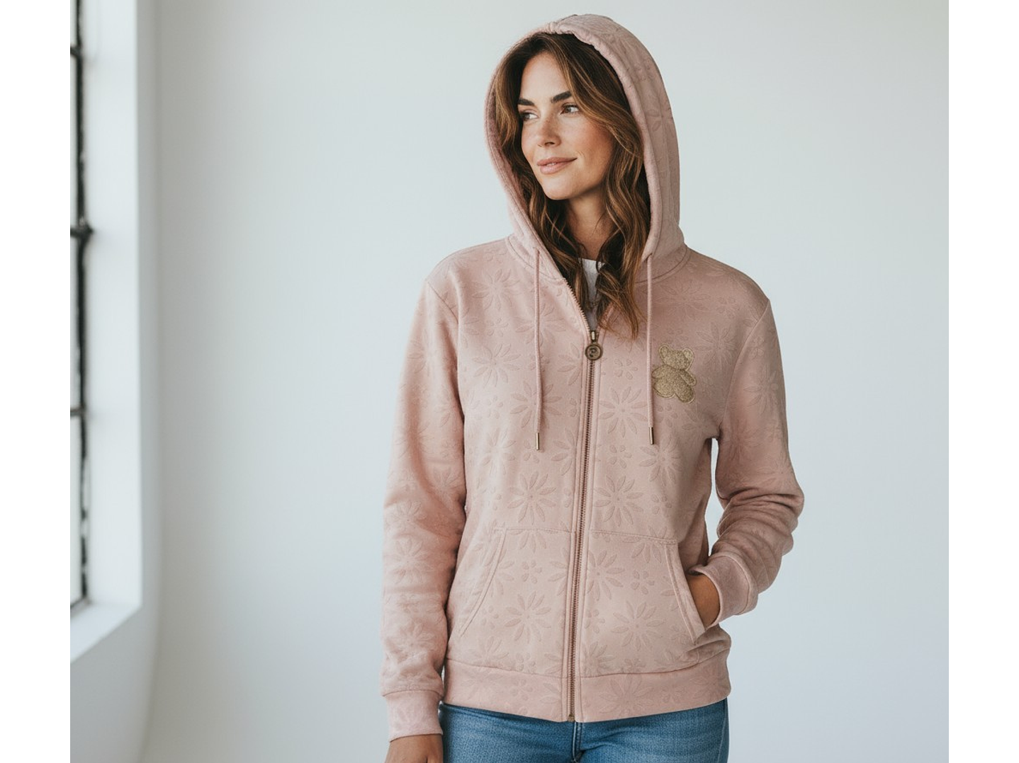 Casaco em veludo com capuz e fecho  1