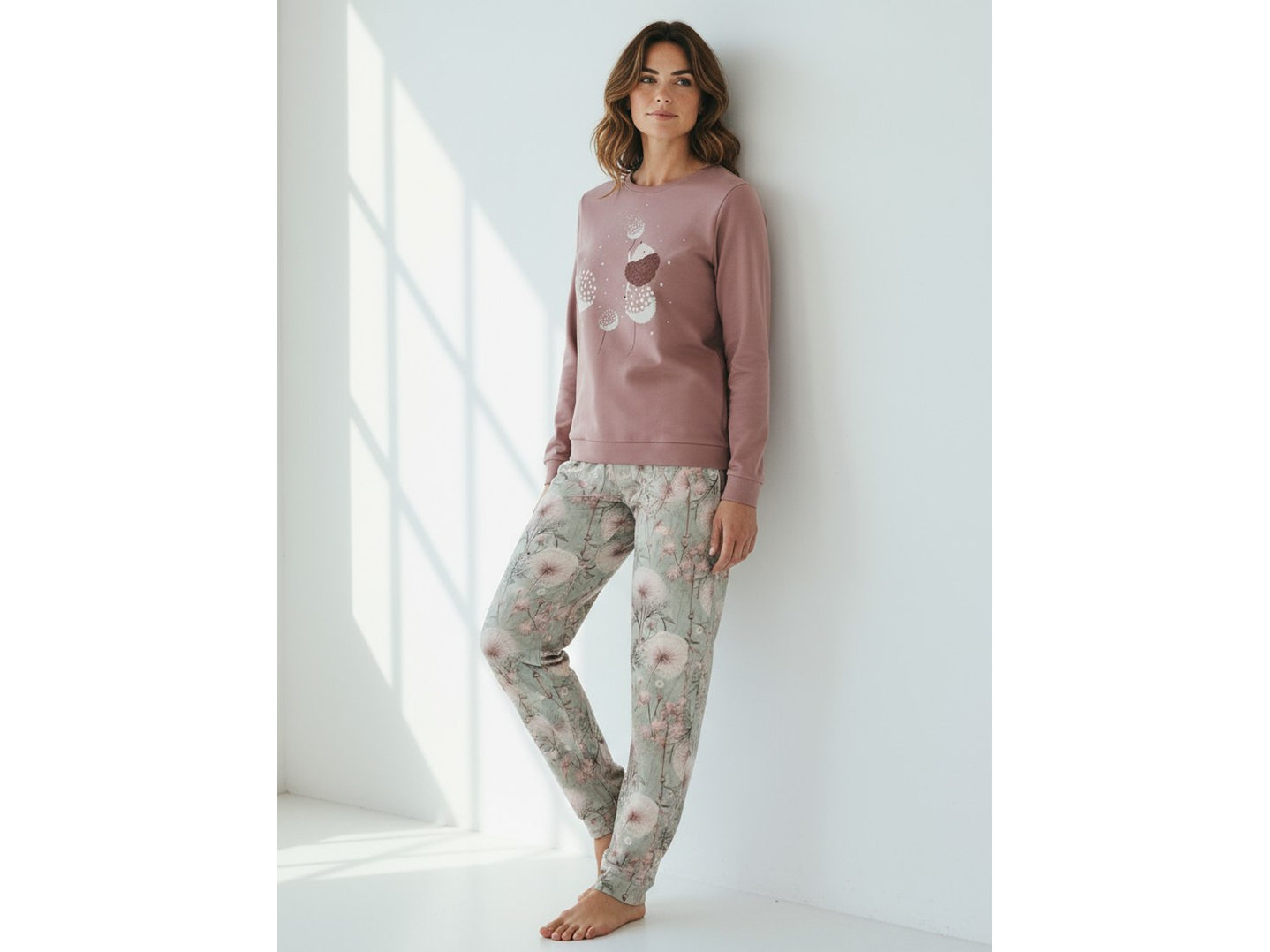 Pijama 100% Algodão Cardado com Estampado de Ouriço (rosa velho) 1