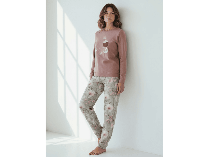 Pijama 100% Algodão Cardado com Estampado de Ouriço (rosa velho) 1