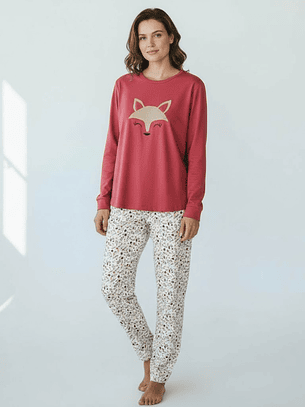 Pijama 100% Algodão Cardado com Bordado de Raposa