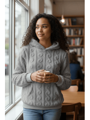 Camisola em coralina com capuz e bolso à canguru